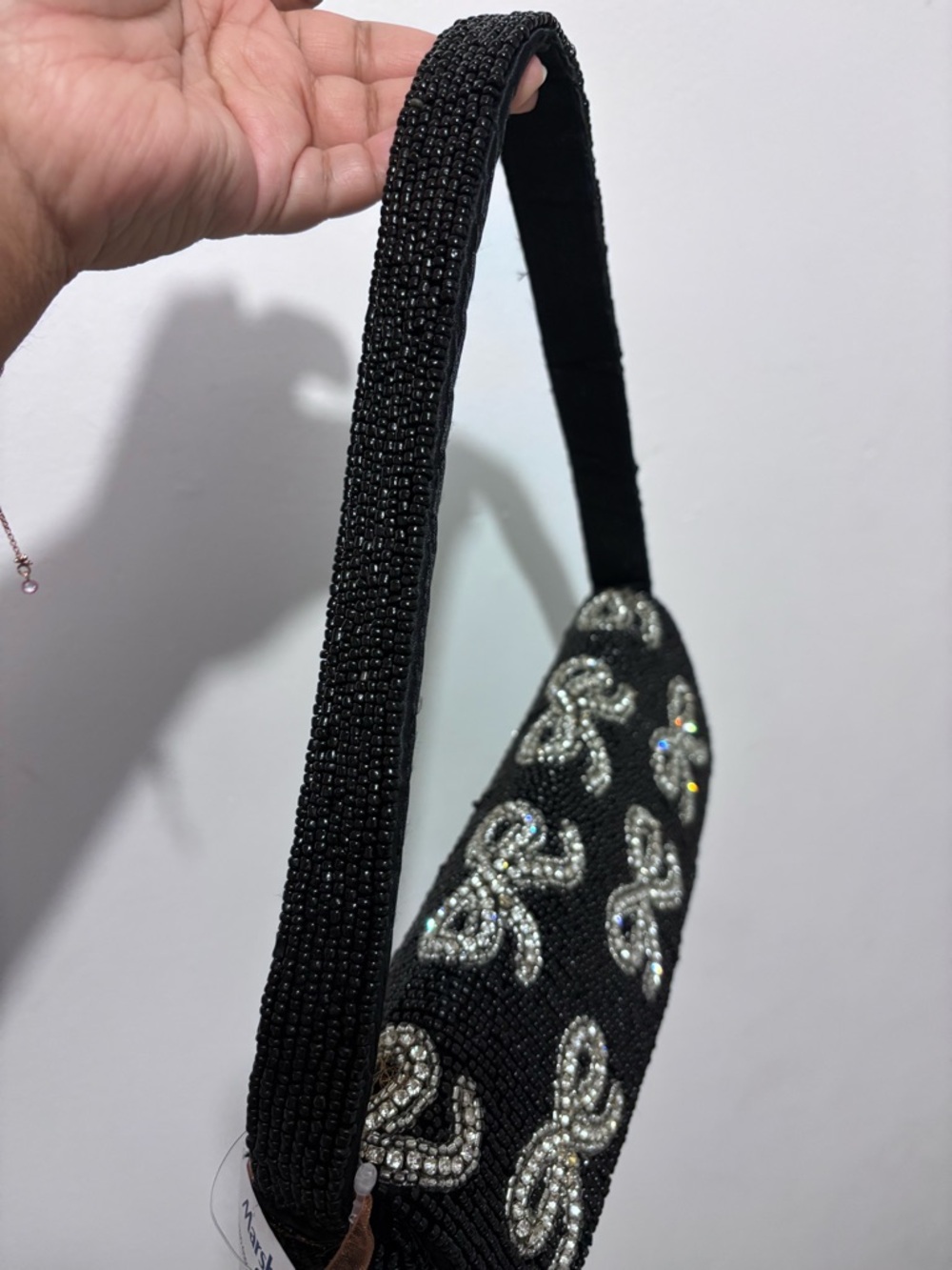 T.J.Maxx Black Beaded Shoulder Bag with Silver Bows - Picture 4 of 6